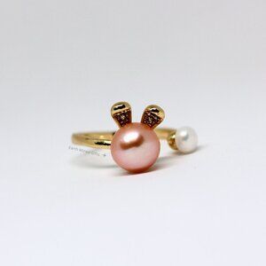 Adorable Bunny Design Freshwater Pearl Ring